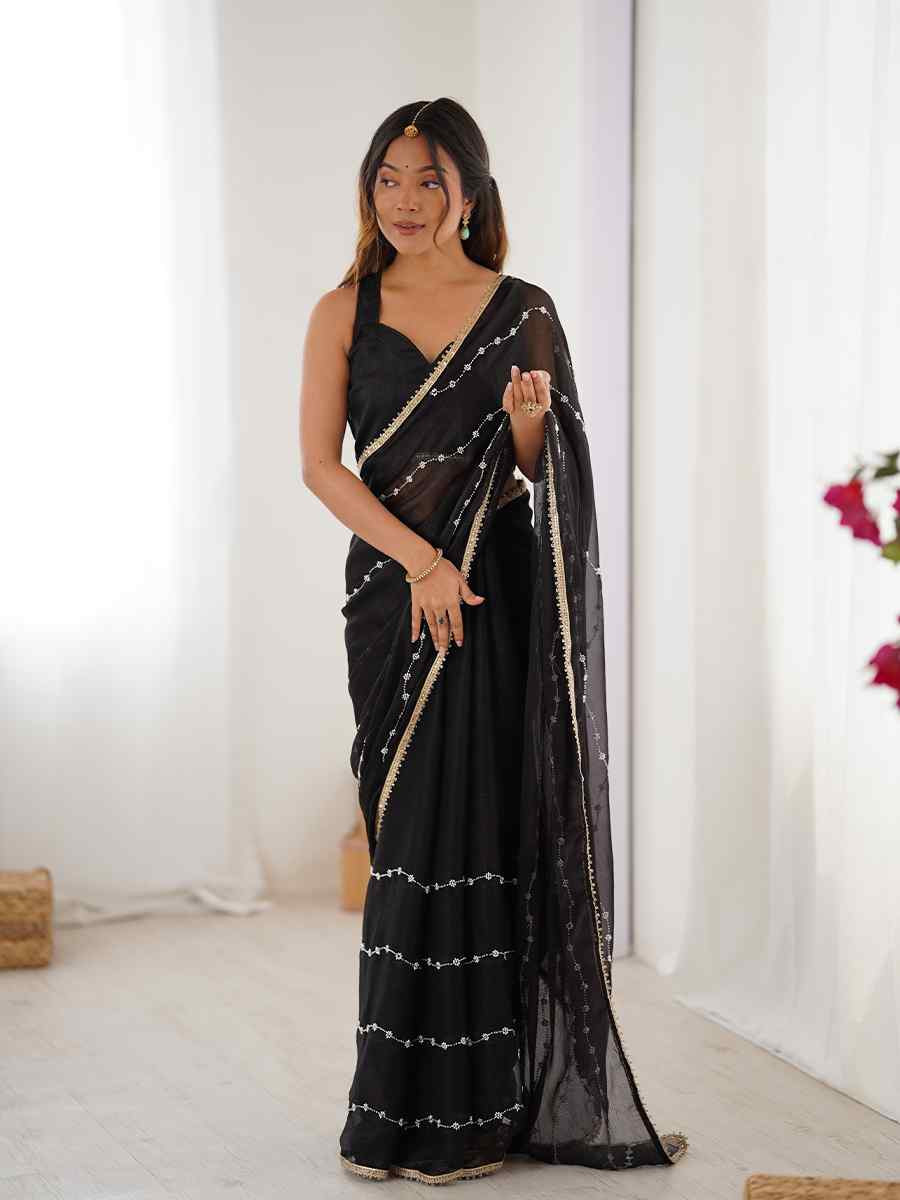 Black Sitara Chiffon Embroidered Festival Wedding Fancy Heavy Border Saree
