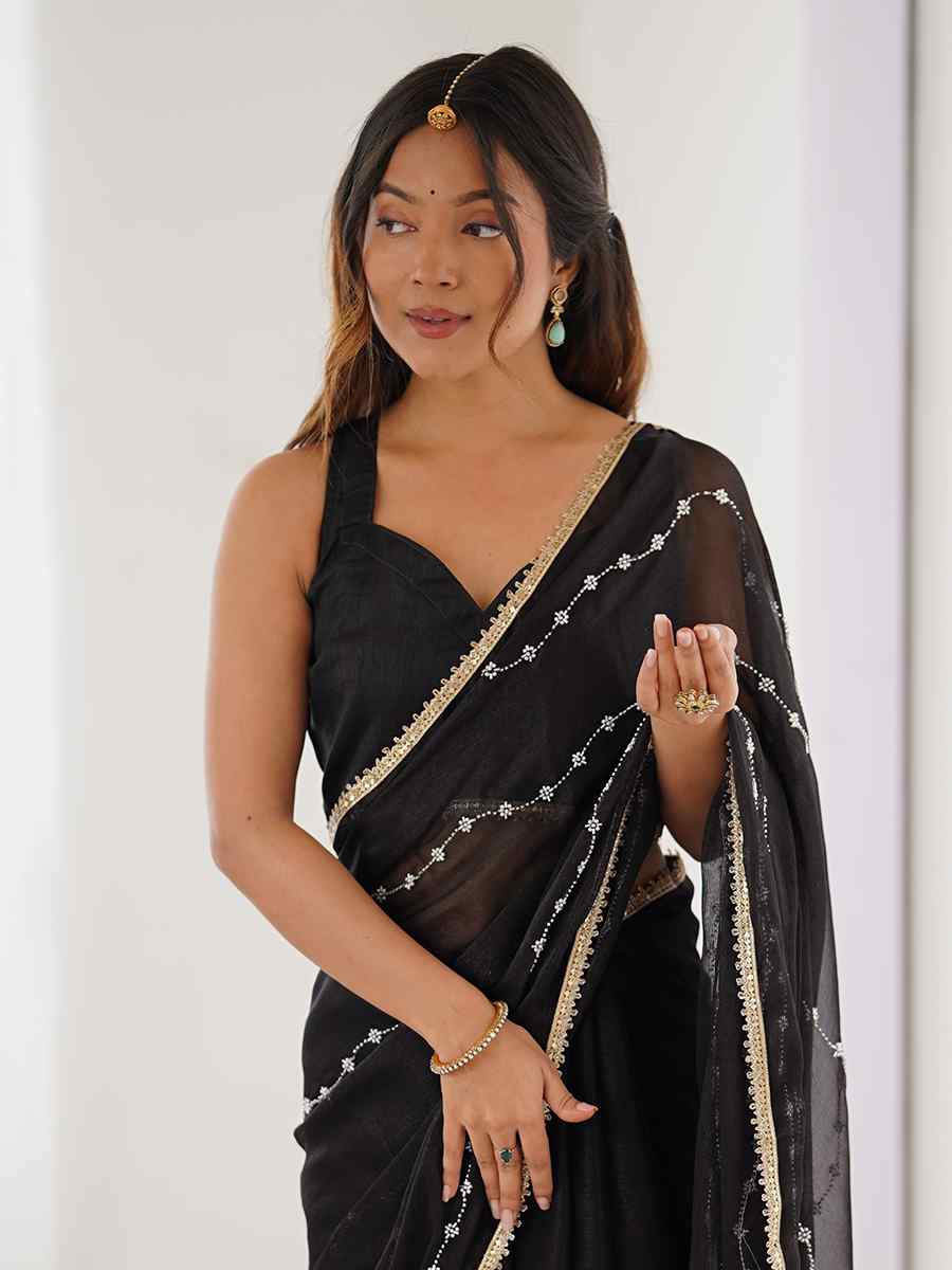 Black Sitara Chiffon Embroidered Festival Wedding Fancy Heavy Border Saree