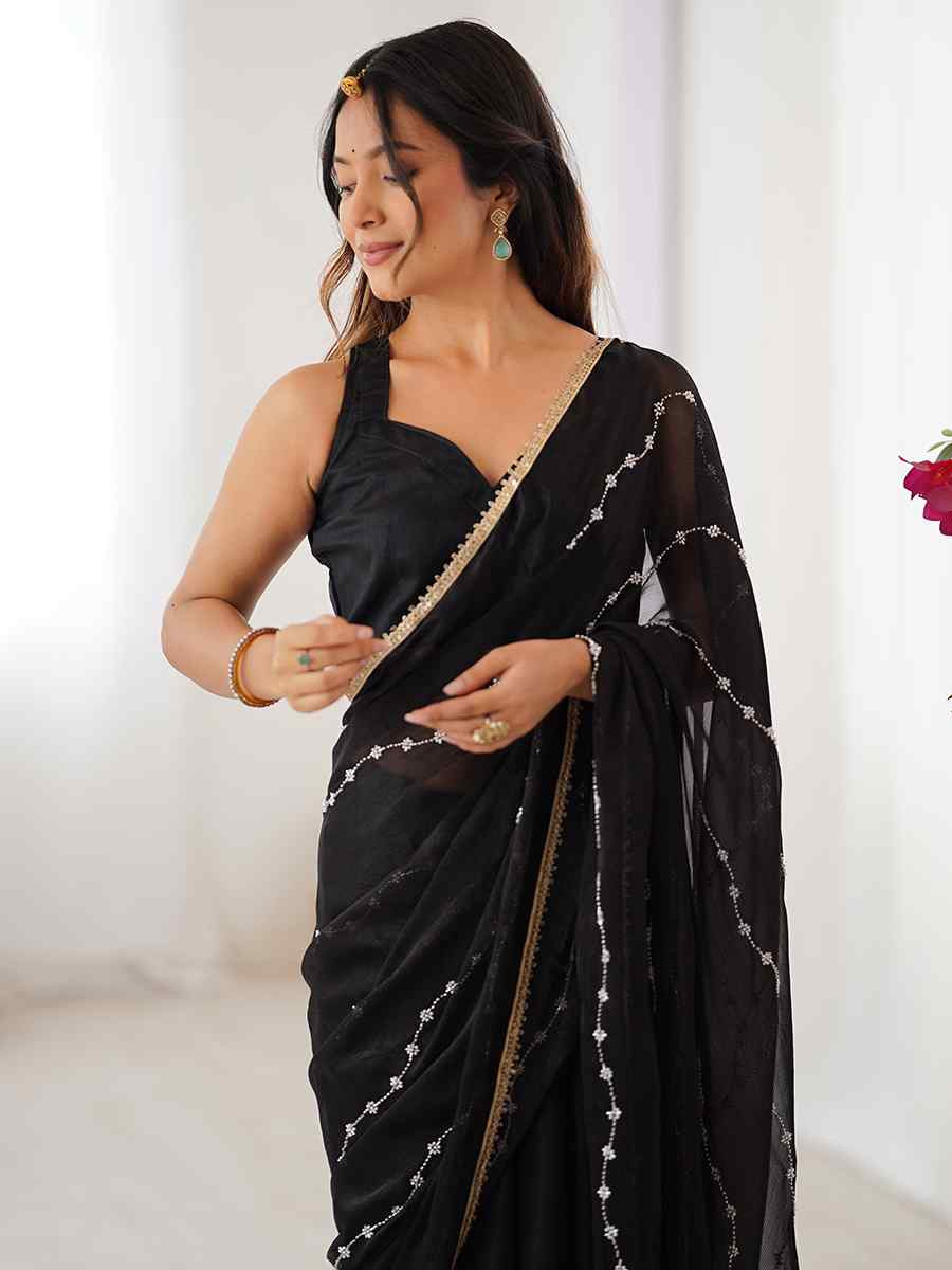 Black Sitara Chiffon Embroidered Festival Wedding Fancy Heavy Border Saree