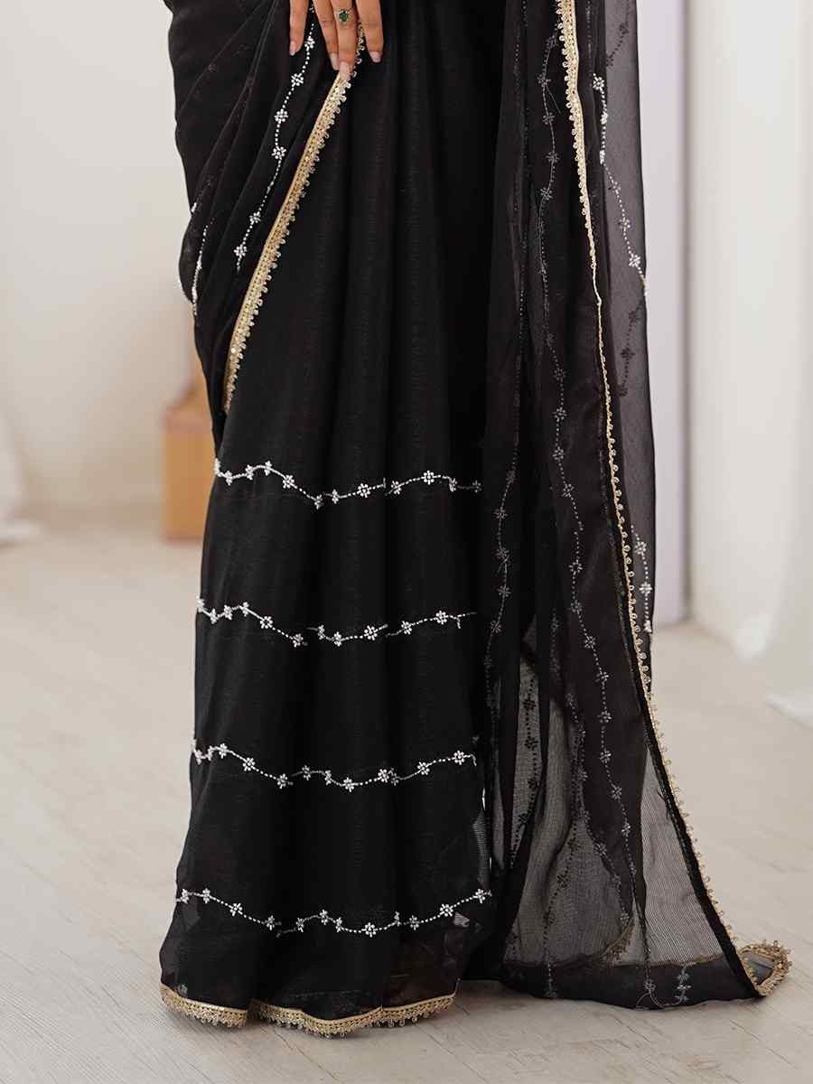Black Sitara Chiffon Embroidered Festival Wedding Fancy Heavy Border Saree