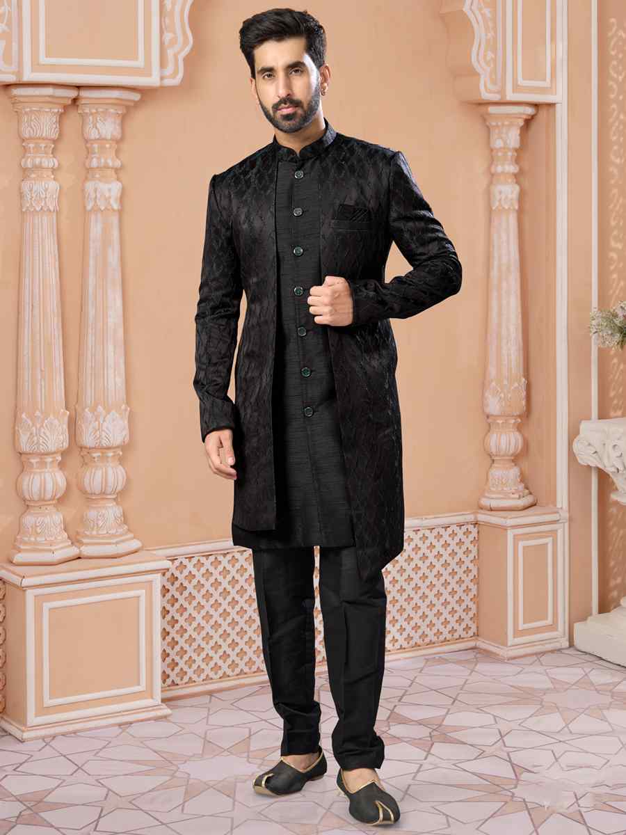 Black Siyara Silk Embroidered Groom Wedding Sherwani