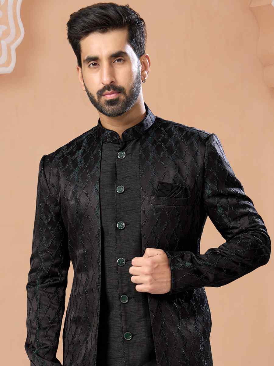 Black Siyara Silk Embroidered Groom Wedding Sherwani