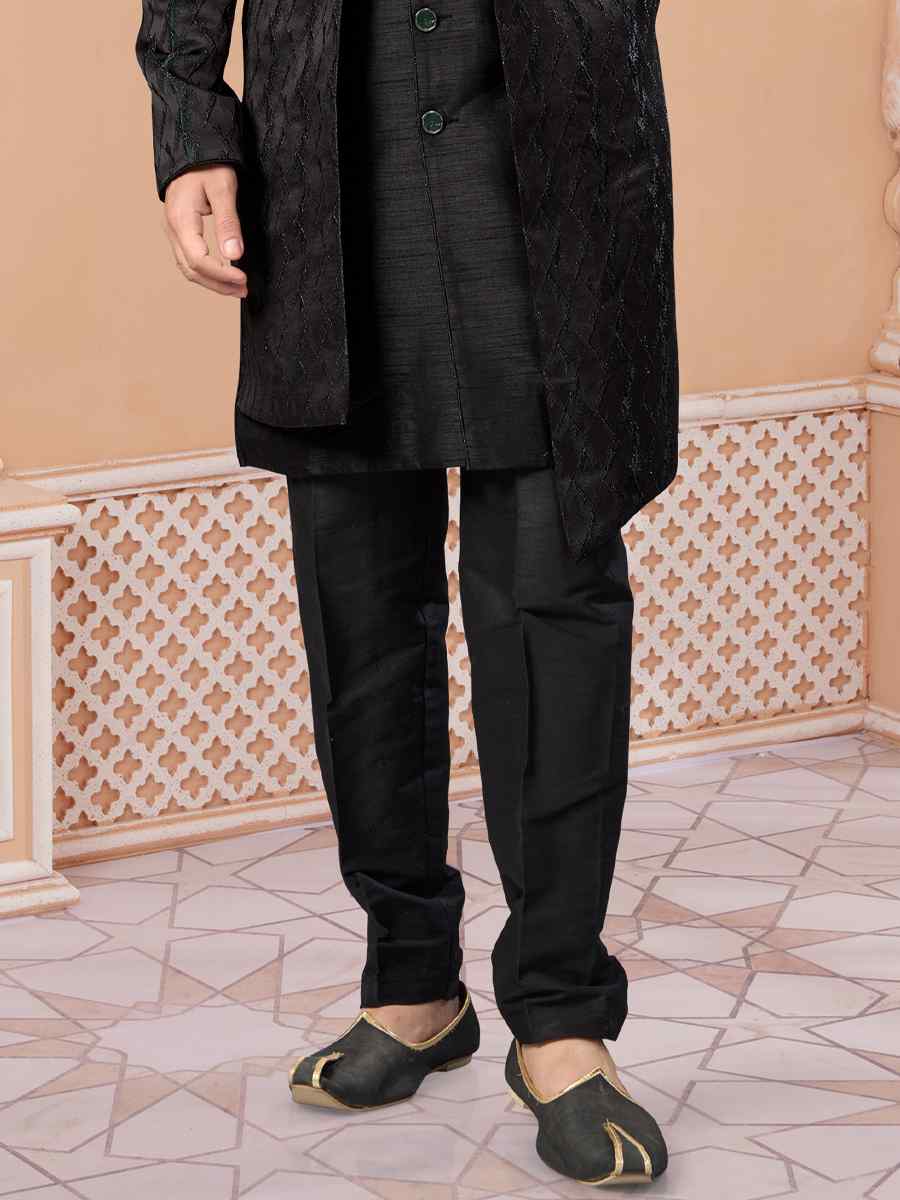 Black Siyara Silk Embroidered Groom Wedding Sherwani