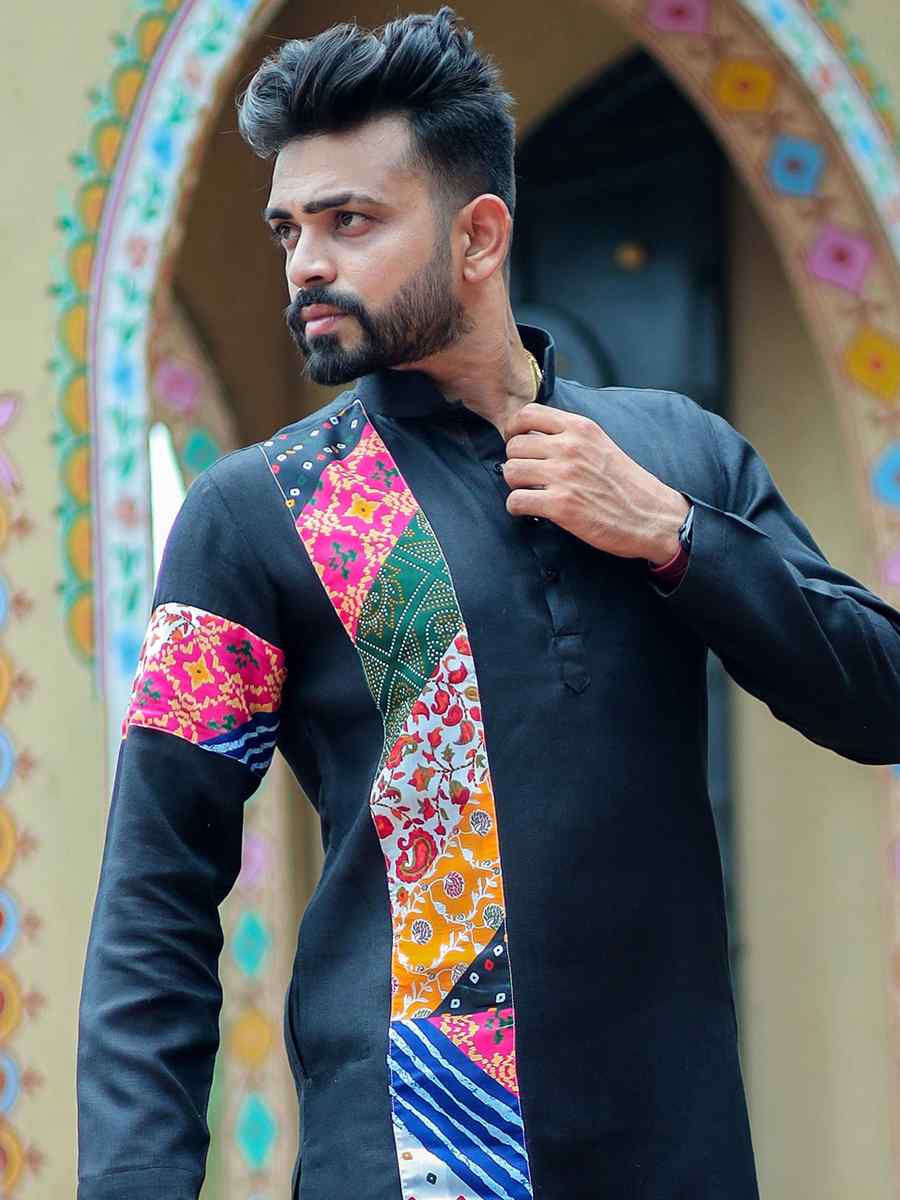 Black Slub Cotton Embroidered Festival Kurta