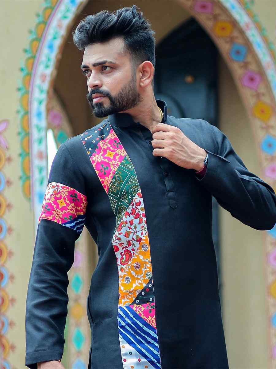 Black Slub Cotton Embroidered Festival Kurta