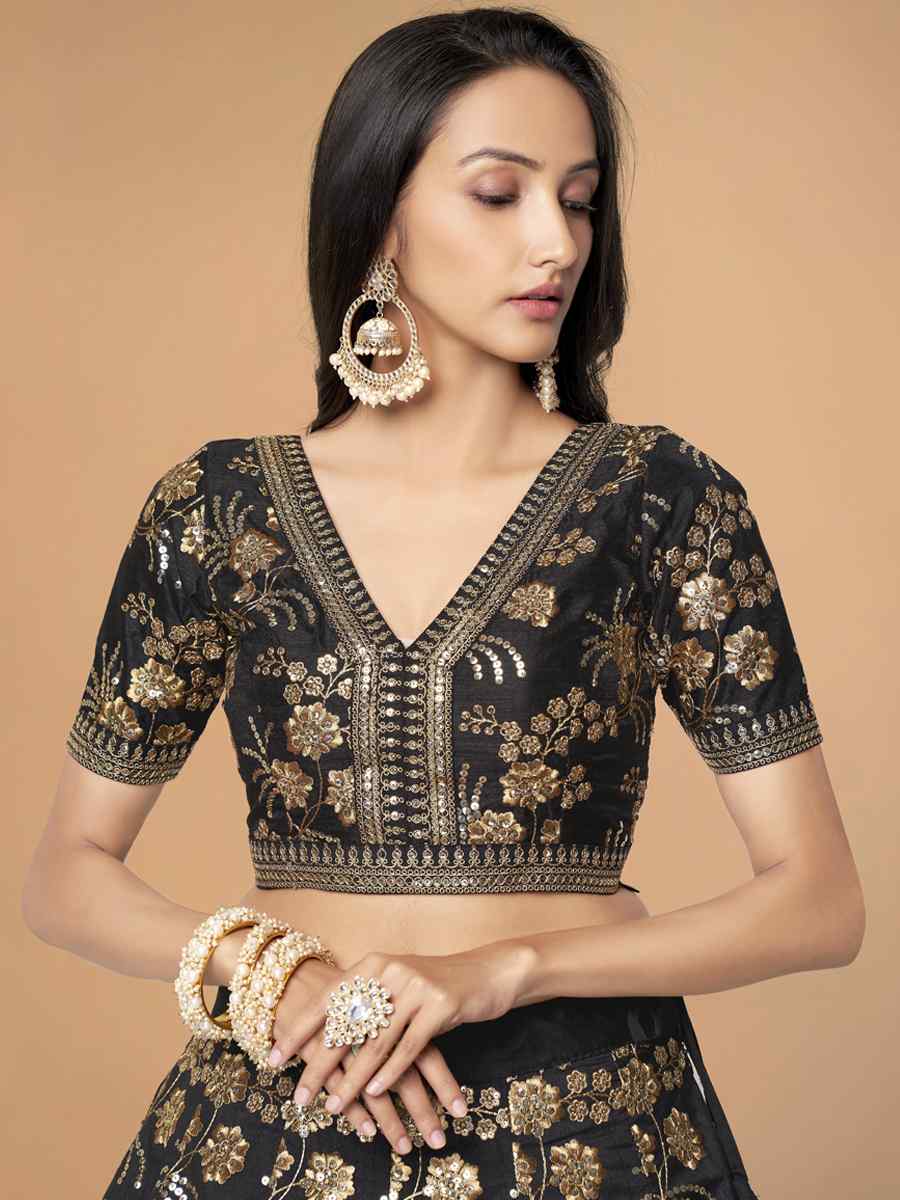 Black Slub Silk Embroidered Engagement Wedding Heavy Border Lehenga Choli