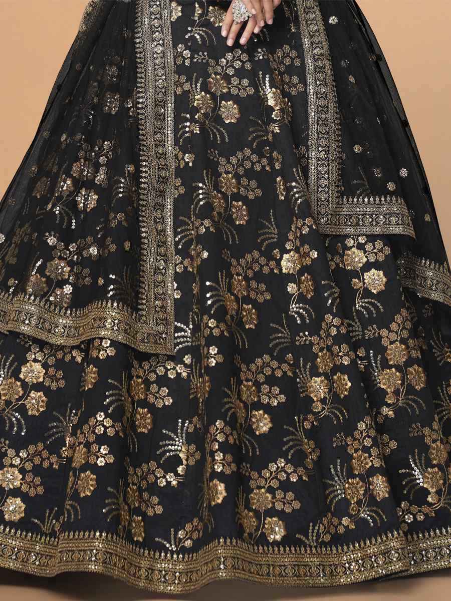 Black Slub Silk Embroidered Engagement Wedding Heavy Border Lehenga Choli