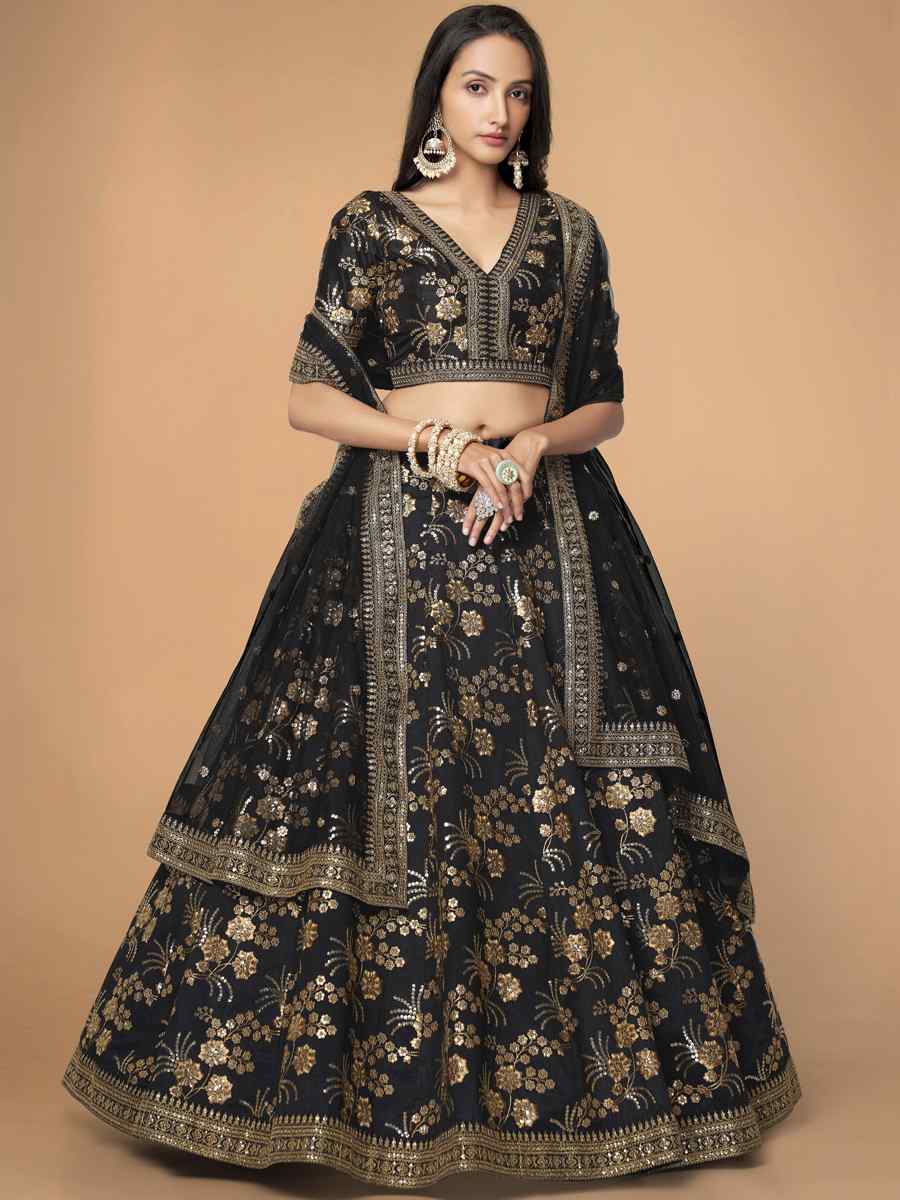 Black Slub Silk Embroidered Engagement Wedding Heavy Border Lehenga Choli