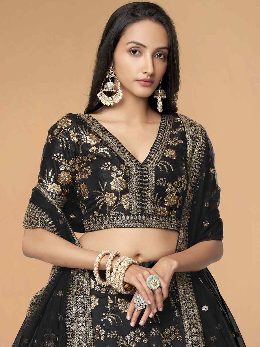 Black Slub Silk Embroidered Engagement Wedding Heavy Border Lehenga Choli
