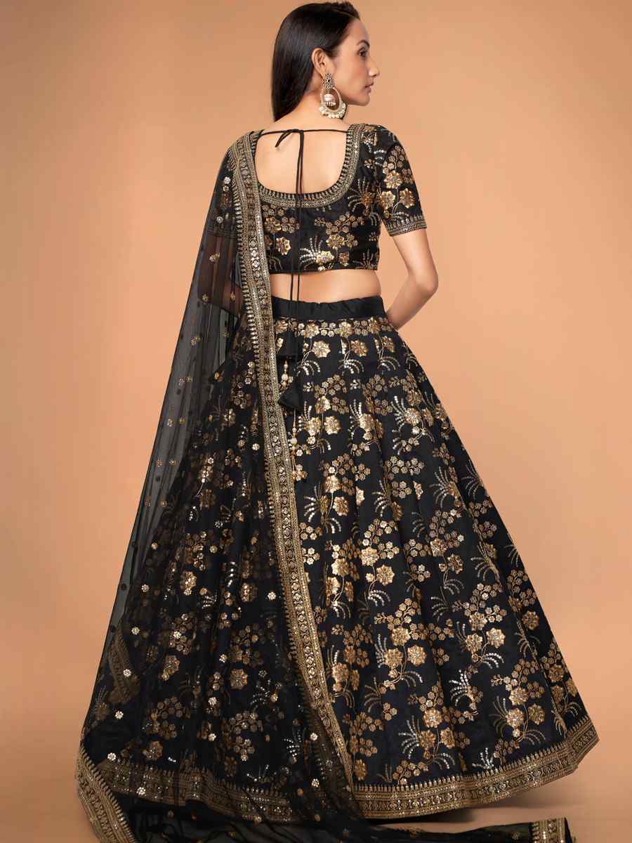 Black Slub Silk Embroidered Engagement Wedding Heavy Border Lehenga Choli