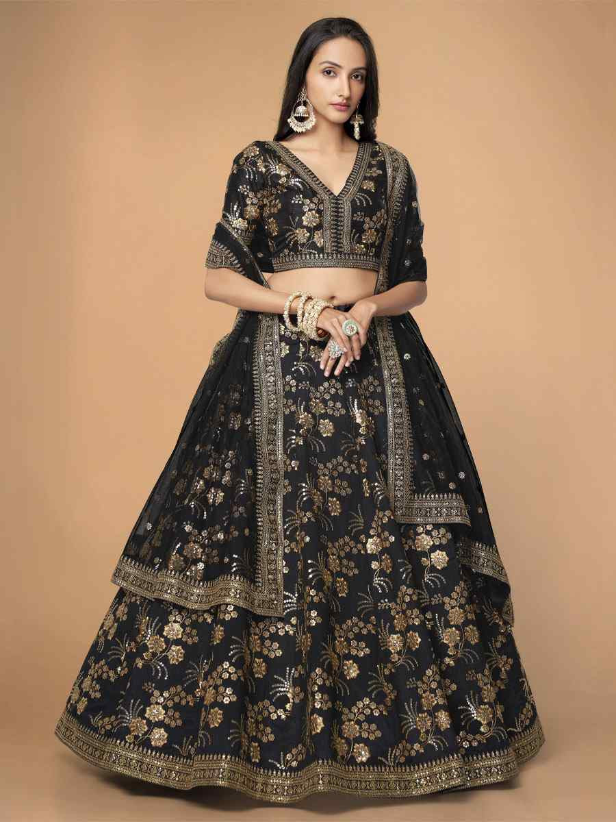 Black Slub Silk Embroidered Wedding Reception Festival Heavy Border Lehenga Choli