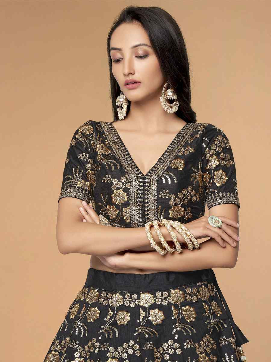 Black Slub Silk Embroidered Wedding Reception Festival Heavy Border Lehenga Choli
