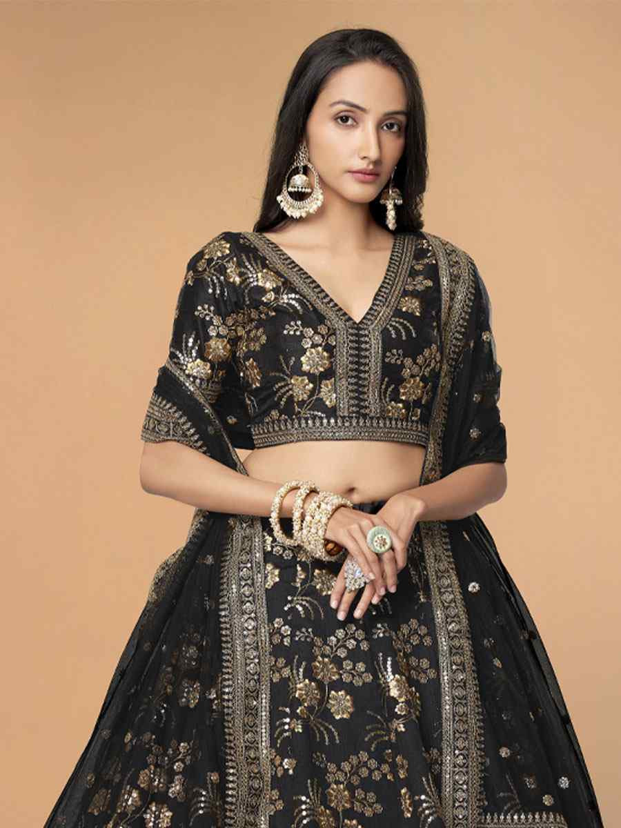 Black Slub Silk Embroidered Wedding Reception Festival Heavy Border Lehenga Choli