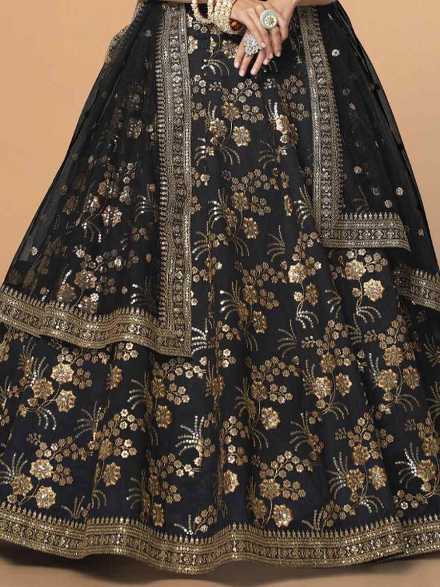 Black Slub Silk Embroidered Wedding Reception Festival Heavy Border Lehenga Choli