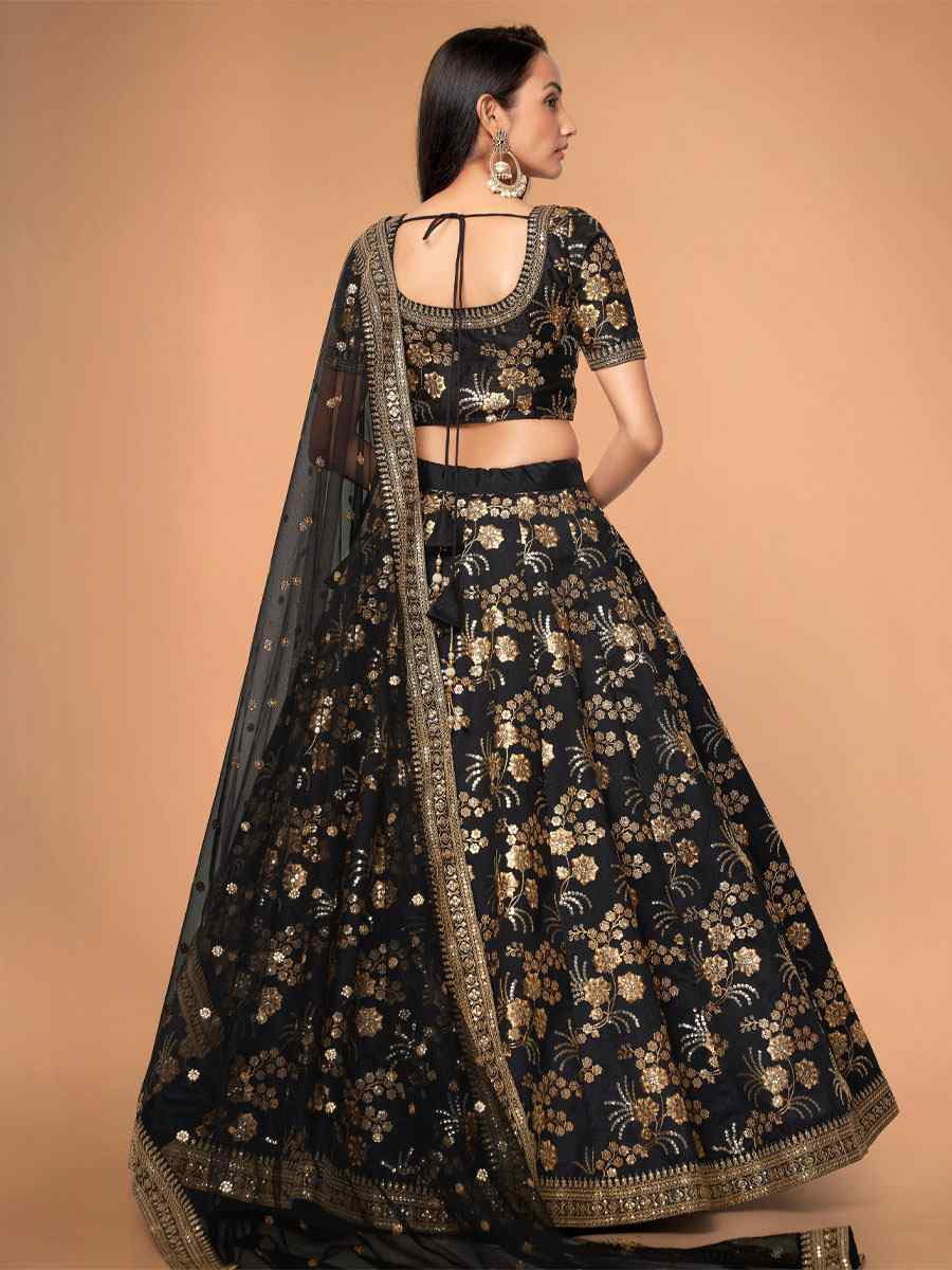 Black Slub Silk Embroidered Wedding Reception Festival Heavy Border Lehenga Choli