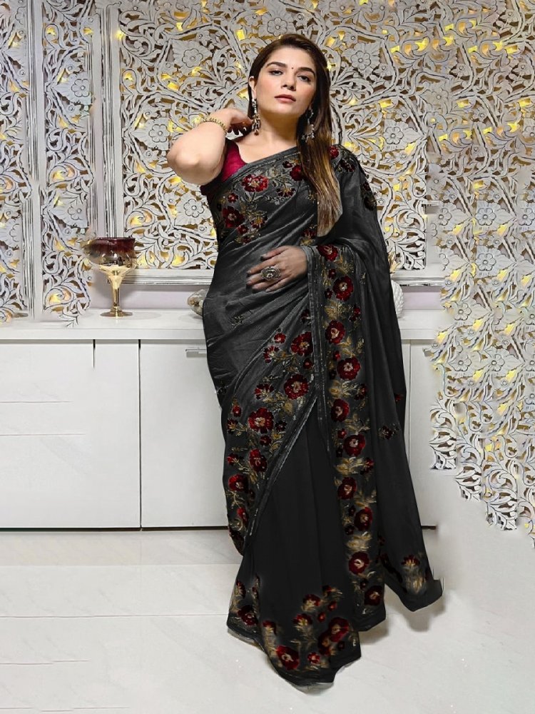 Black Slub Silk Sequins Party Festival Classic Style Saree