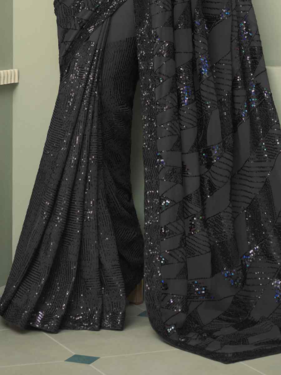 Black Smooth Gerogette Sequins Party Cocktail Classic Style Saree