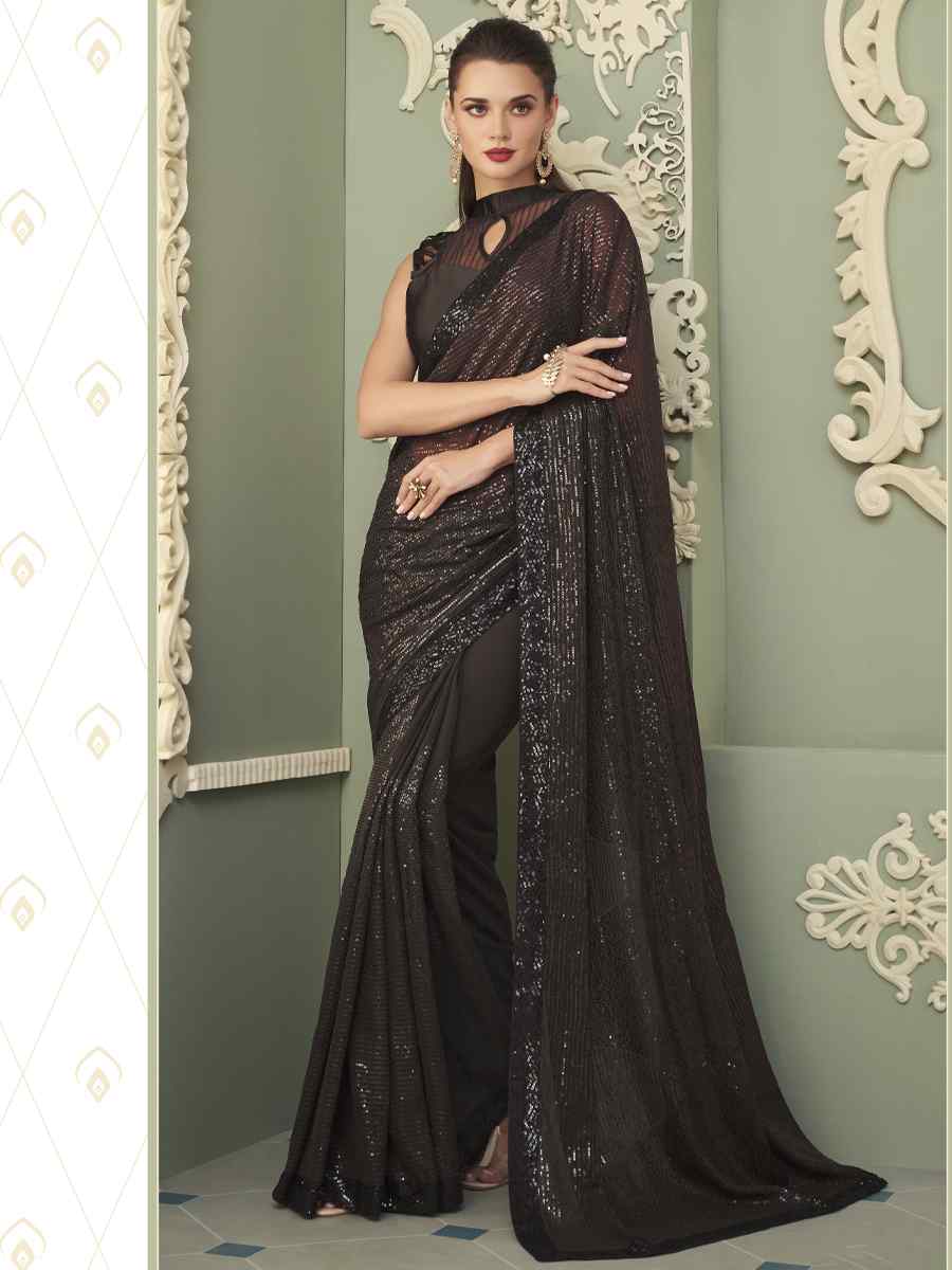 Black Smooth Gerogette Sequins Party Cocktail Classic Style Saree