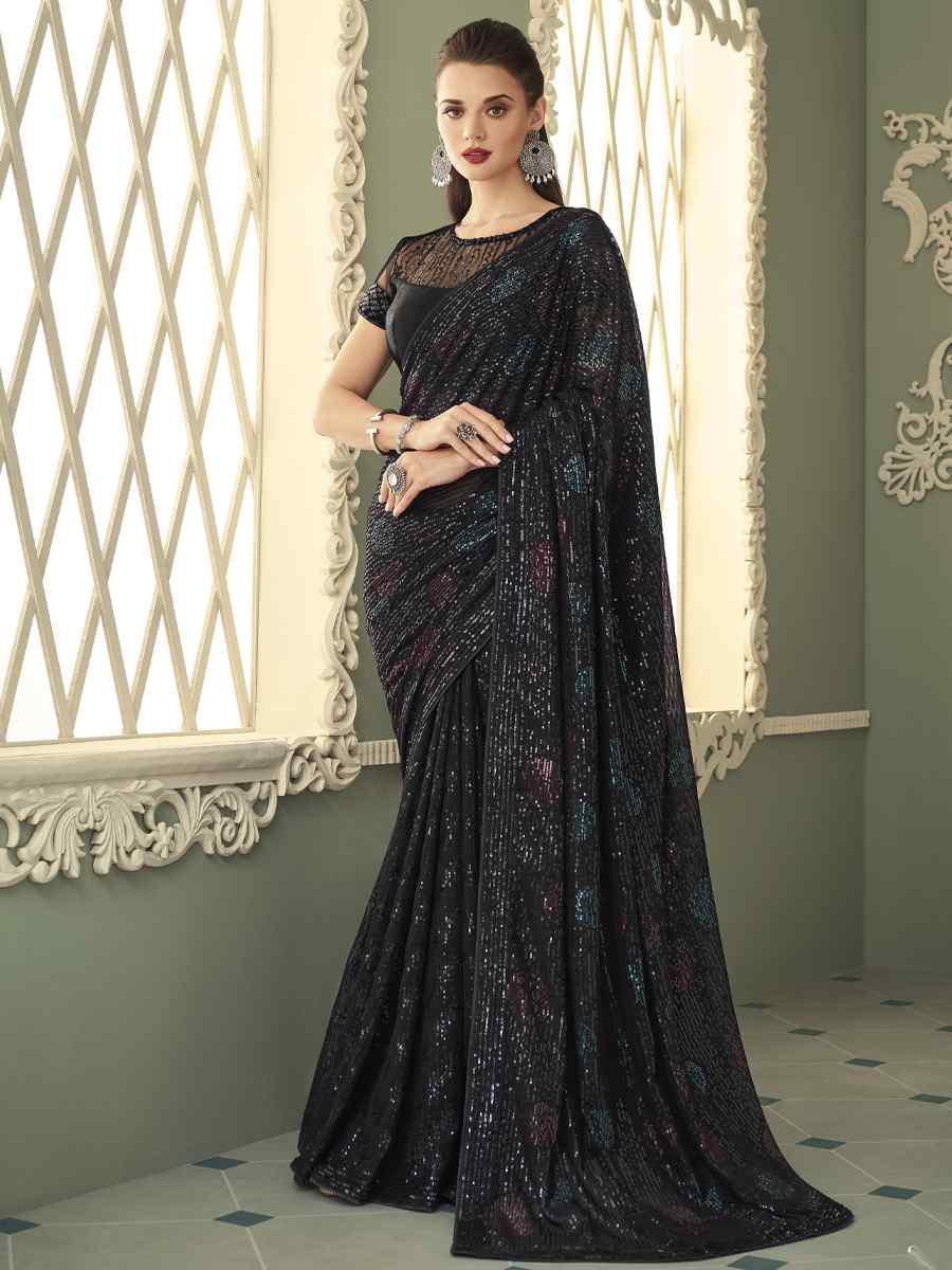 Black Smooth Gerogette Sequins Party Cocktail Classic Style Saree