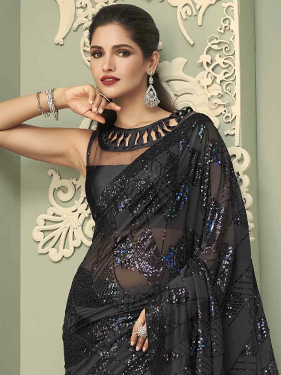 Black Smooth Gerogette Sequins Party Cocktail Classic Style Saree
