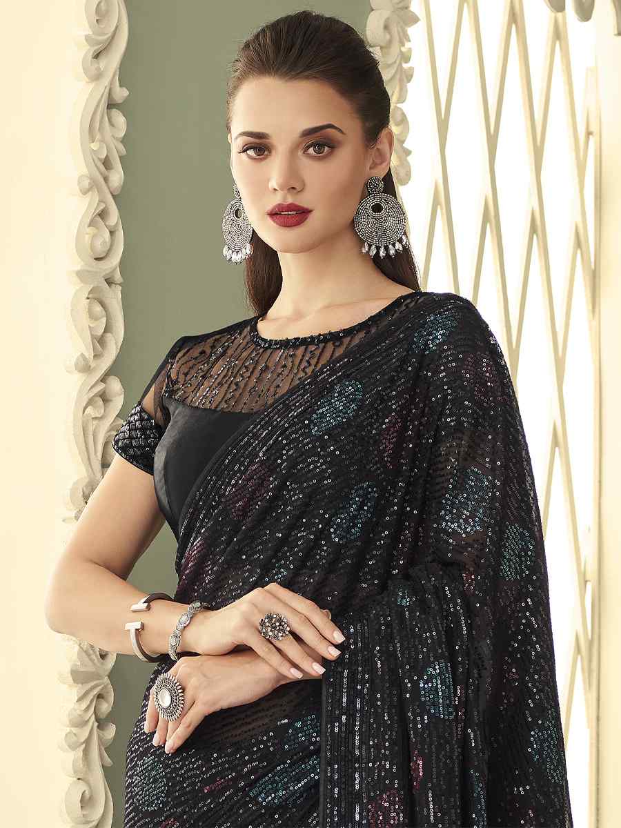 Black Smooth Gerogette Sequins Party Cocktail Classic Style Saree