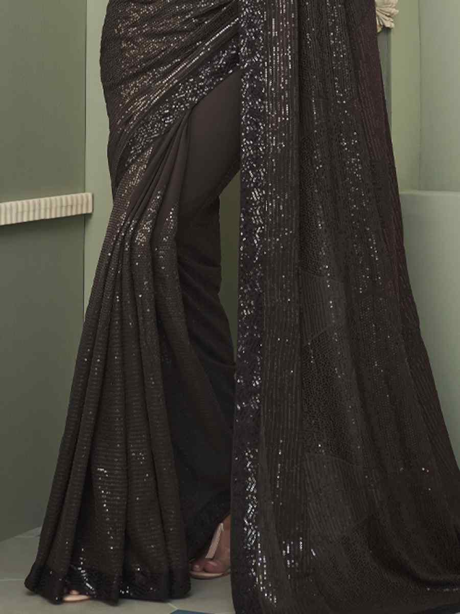 Black Smooth Gerogette Sequins Party Cocktail Classic Style Saree