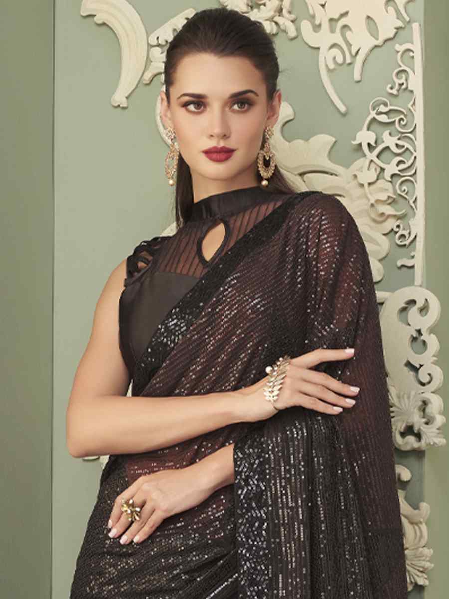 Black Smooth Gerogette Sequins Party Cocktail Classic Style Saree