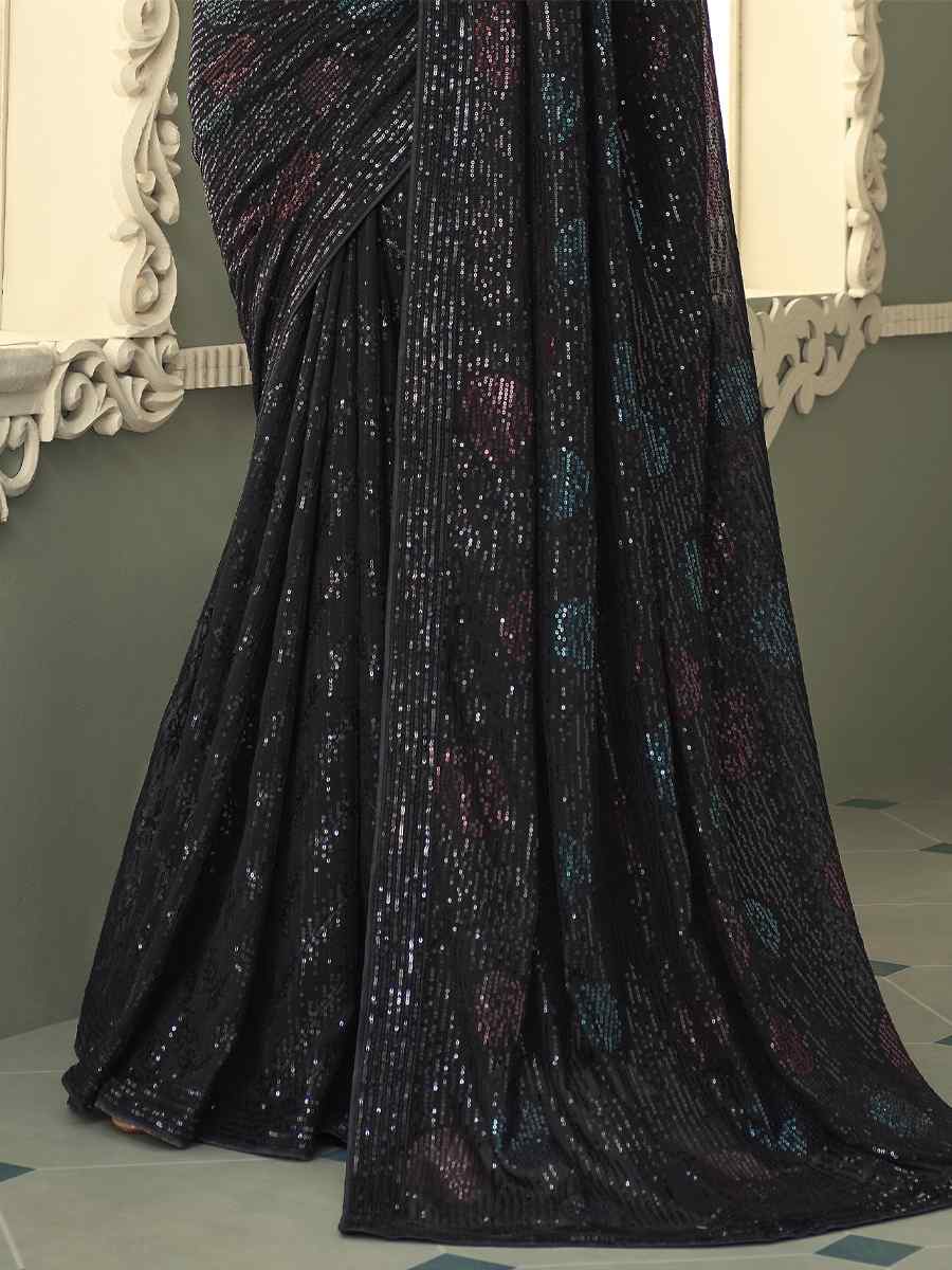Black Smooth Gerogette Sequins Party Cocktail Classic Style Saree