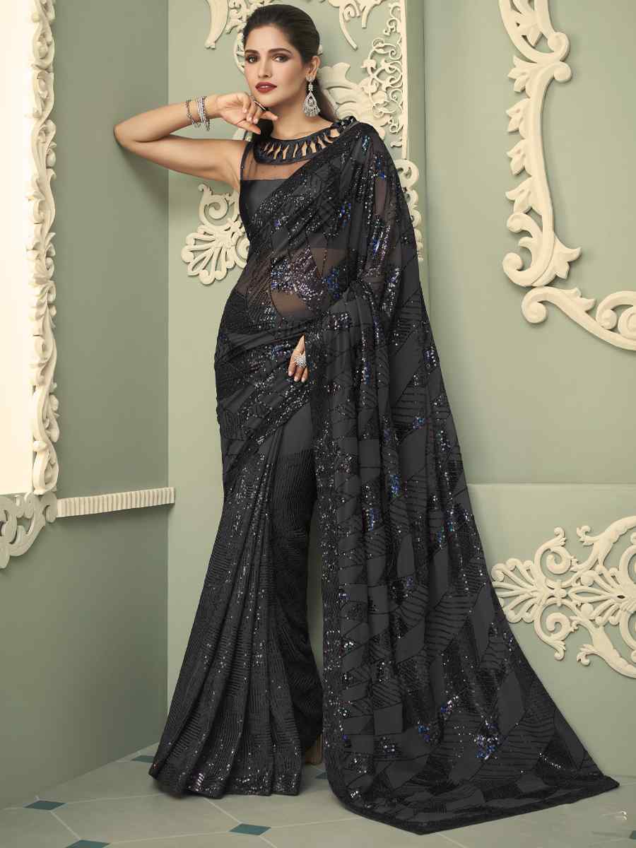 Black Smooth Gerogette Sequins Party Cocktail Classic Style Saree