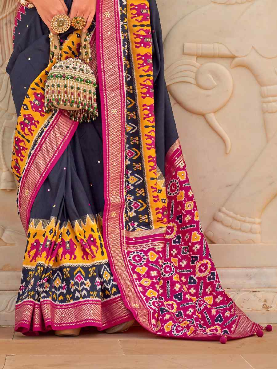 Black Smooth Patola Printed Casual Festival Contemporary Saree