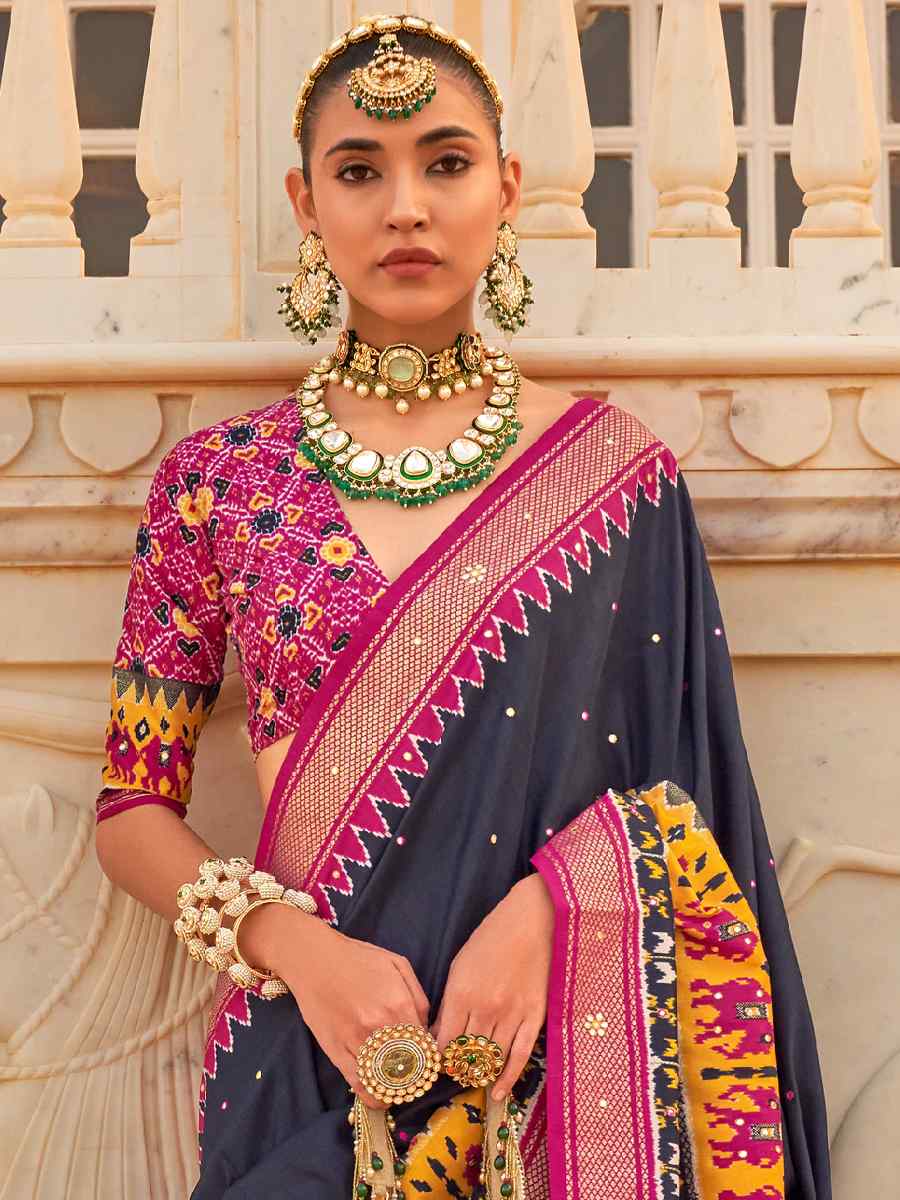 Black Smooth Patola Printed Casual Festival Contemporary Saree