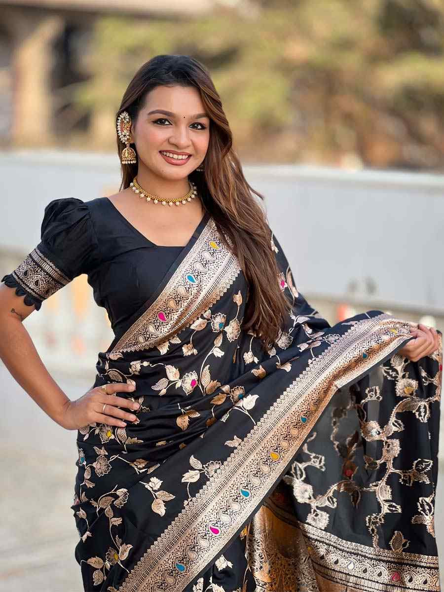 Black Soft Banarashi Silk Handwoven Festival Wedding Fancy Heavy Border Saree