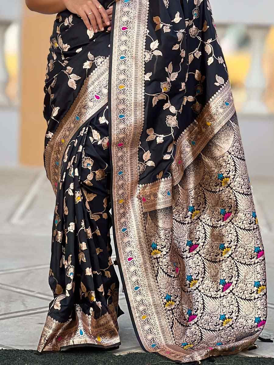 Black Soft Banarashi Silk Handwoven Festival Wedding Fancy Heavy Border Saree