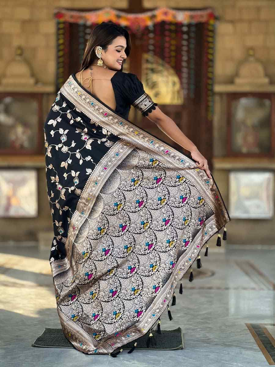 Black Soft Banarashi Silk Handwoven Festival Wedding Fancy Heavy Border Saree