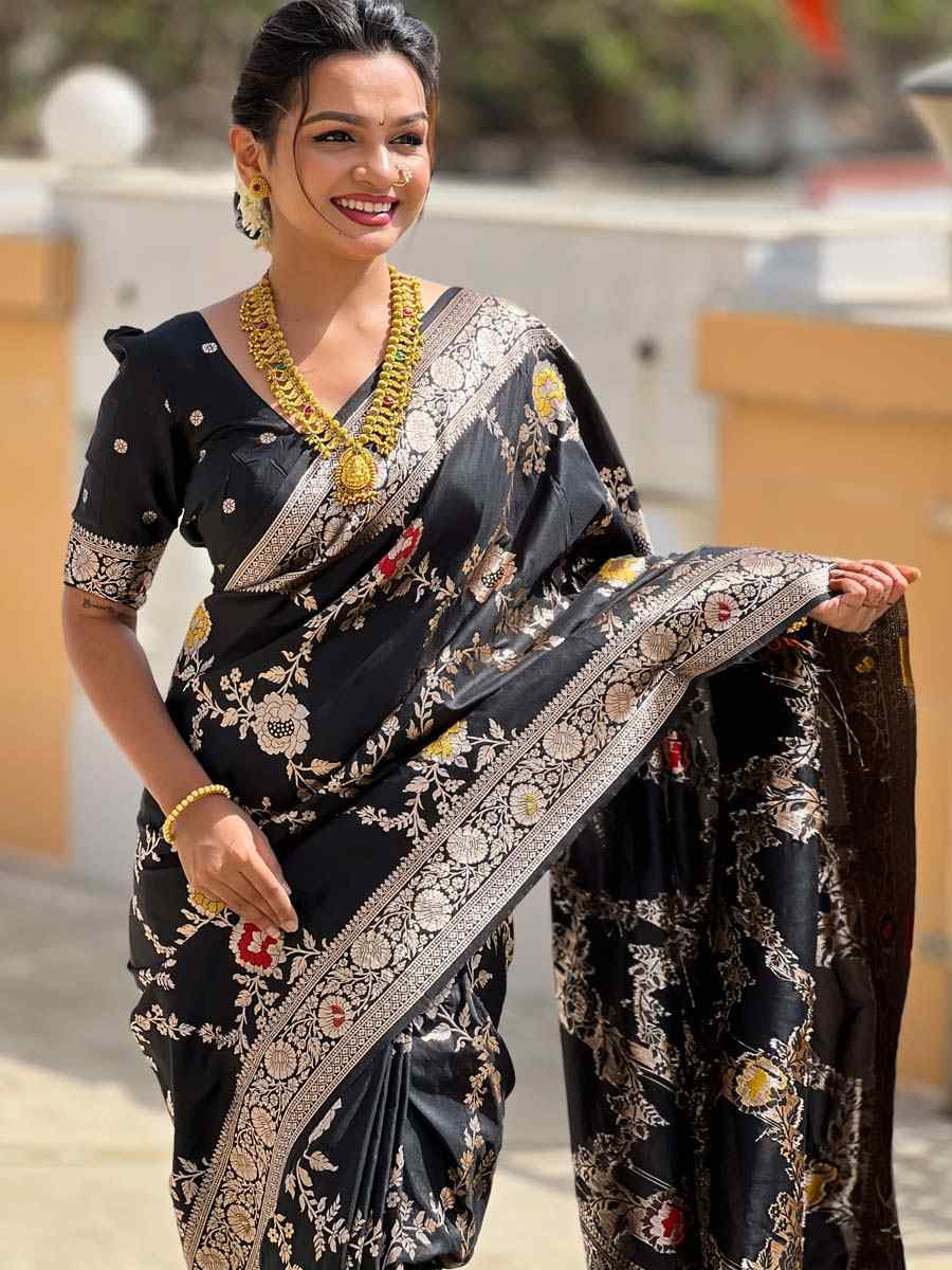 Black Soft Banarashi Silk Handwoven Festival Wedding Fancy Heavy Border Saree