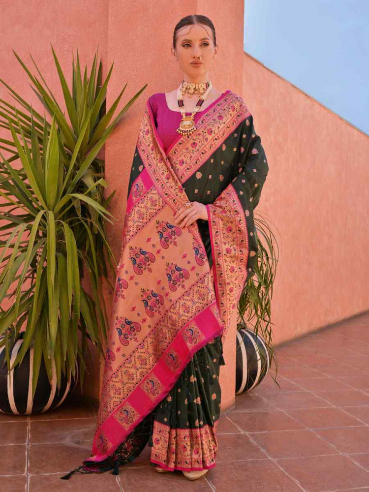 Image of Black Soft Banarasi Silk Handwoven Casual Reception Festival Wedding Fancy Heavy Border Saree