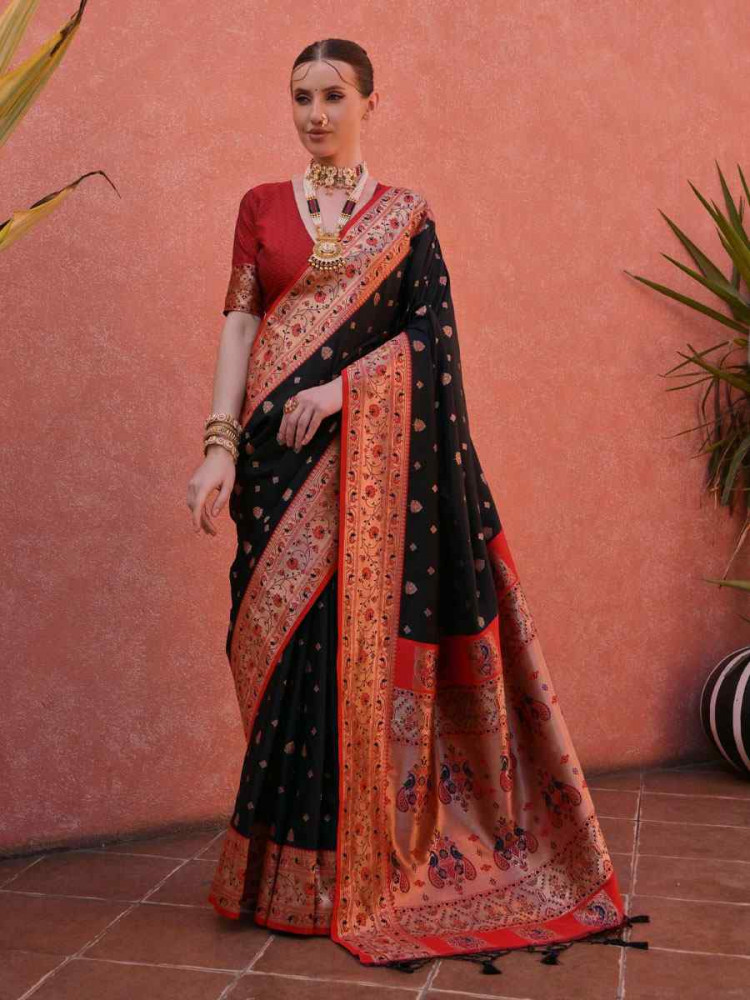 Image of Black Soft Banarasi Silk Handwoven Casual Reception Festival Wedding Fancy Heavy Border Saree