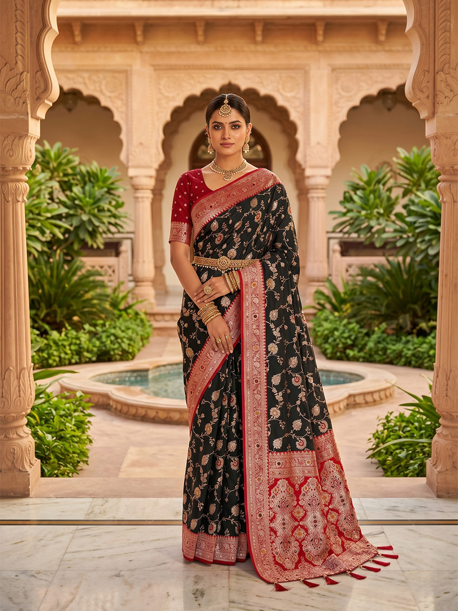 Black Soft Banarasi Silk Zari Weaving Meenakari Touchup Wedding Reception Party Festival Casual Heavy Border Sarees