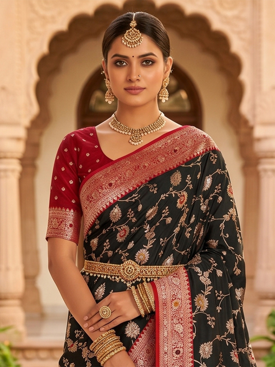 Black Soft Banarasi Silk Zari Weaving Meenakari Touchup Wedding Reception Party Festival Casual Heavy Border Sarees