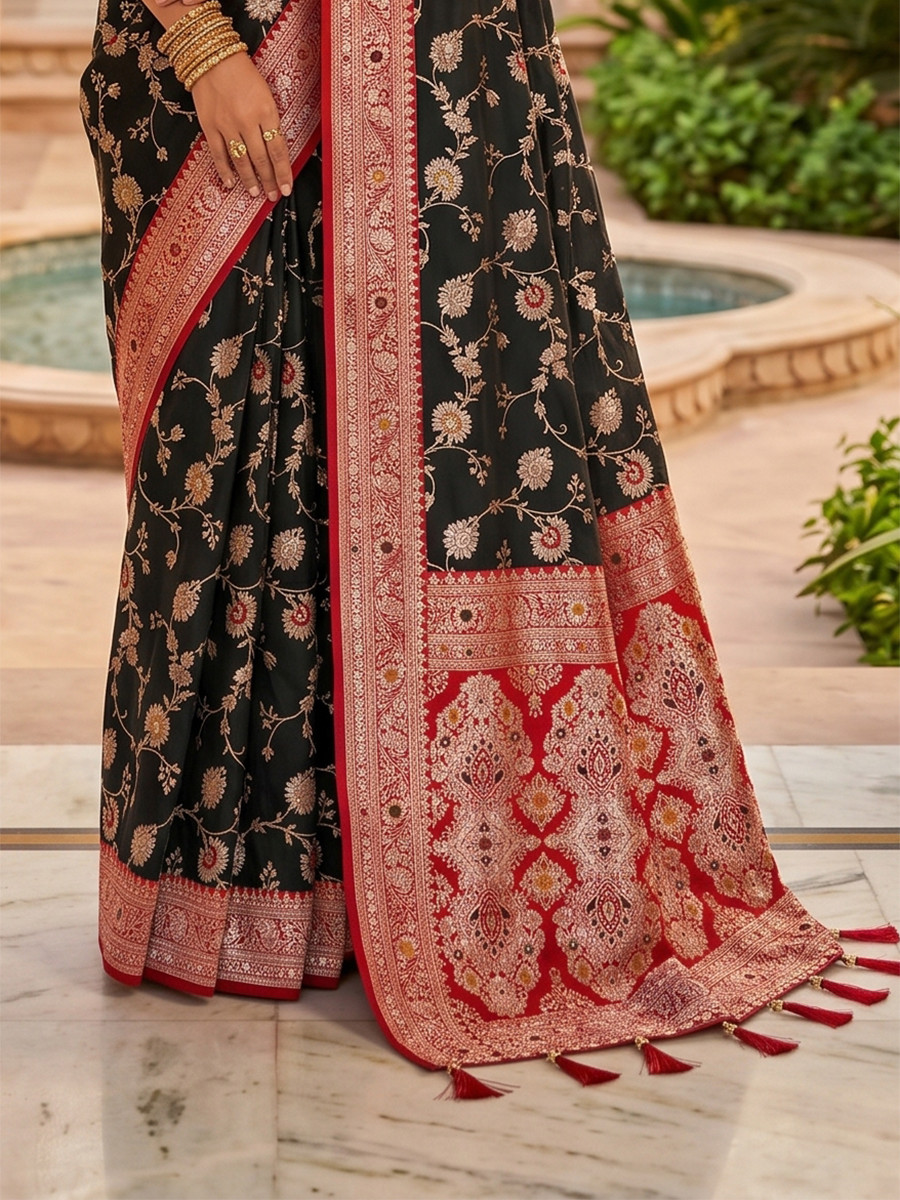 Black Soft Banarasi Silk Zari Weaving Meenakari Touchup Wedding Reception Party Festival Casual Heavy Border Sarees