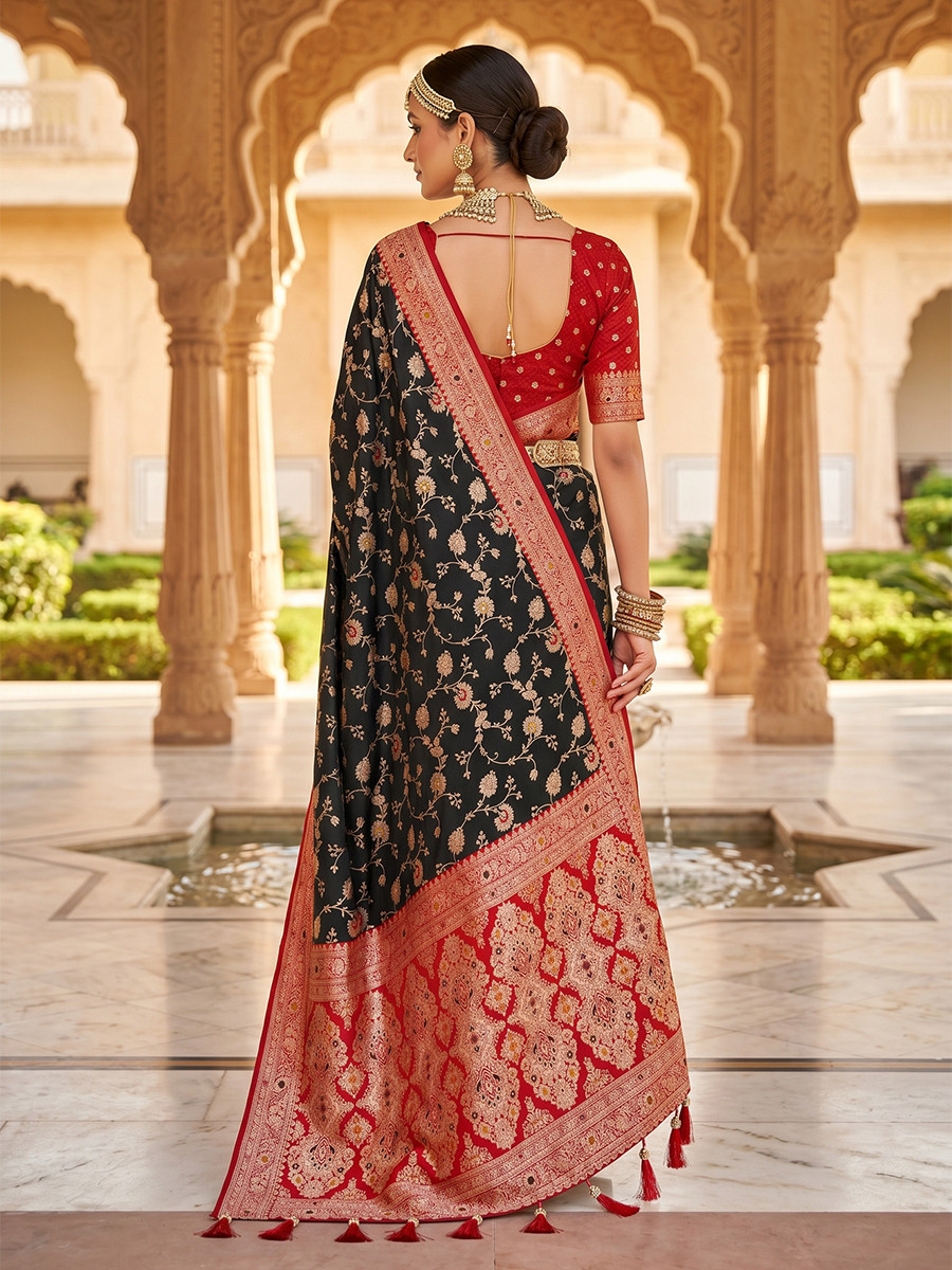 Black Soft Banarasi Silk Zari Weaving Meenakari Touchup Wedding Reception Party Festival Casual Heavy Border Sarees