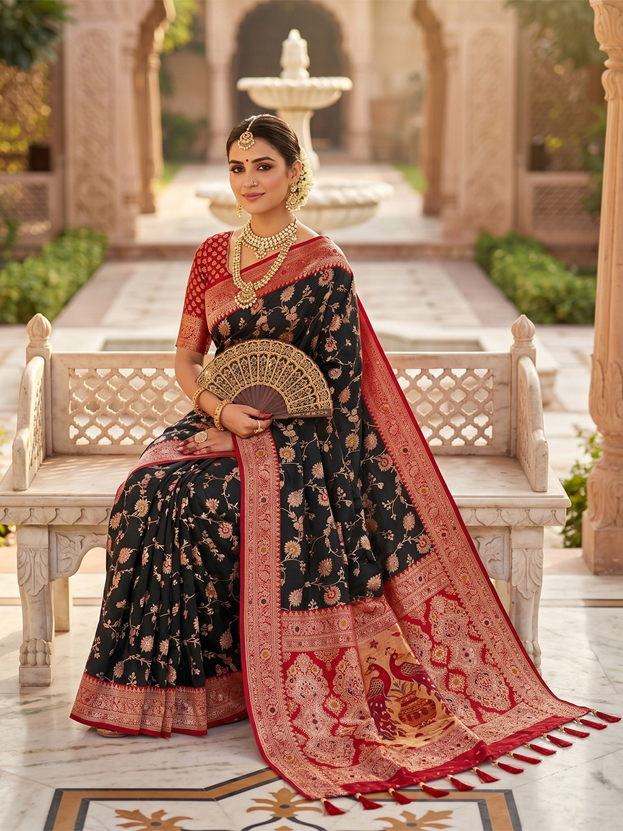 Black Soft Banarasi Silk Zari Weaving Meenakari Touchup Wedding Reception Party Festival Casual Heavy Border Sarees