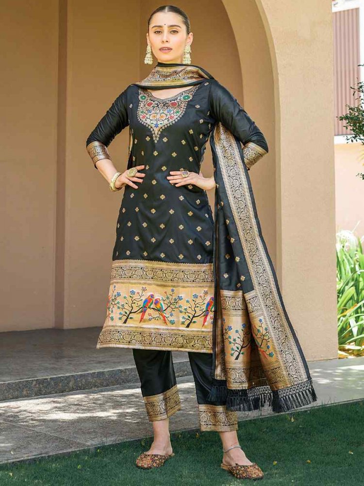 Black Soft Banarsi Silk Embroidered Casual Festival Pant Salwar Kameez
