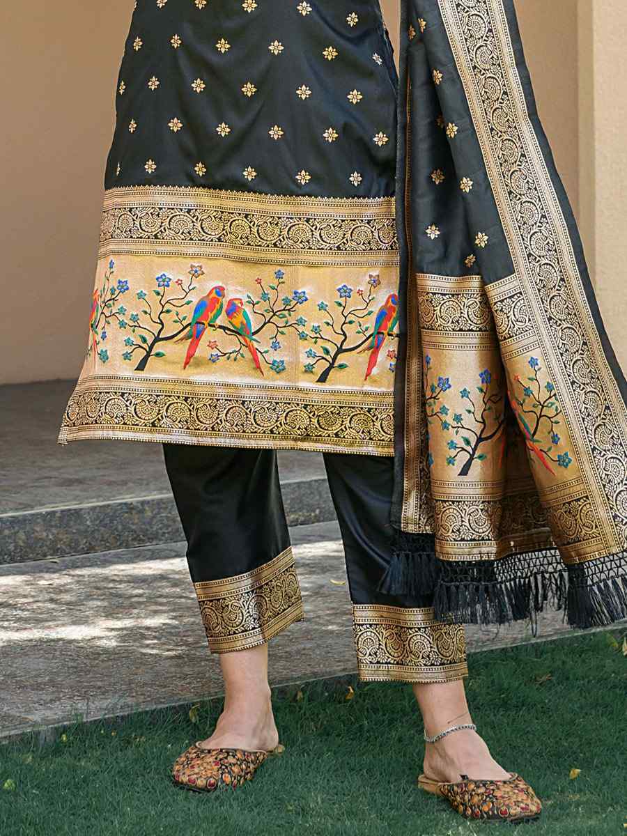 Black Soft Banarsi Silk Embroidered Casual Festival Pant Salwar Kameez