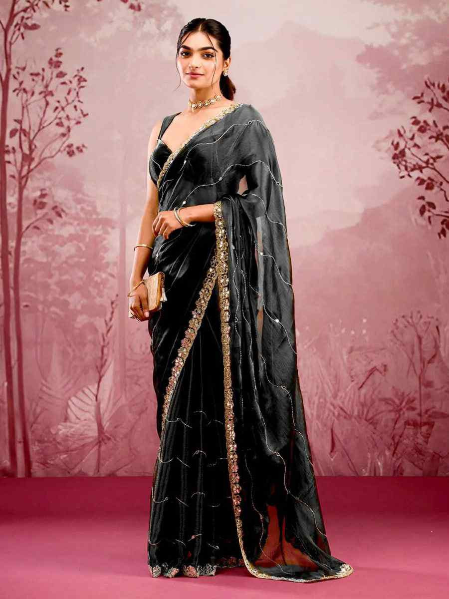 Black Soft Burberry Silk Embroidered Festival Wedding Fancy Heavy Border Saree