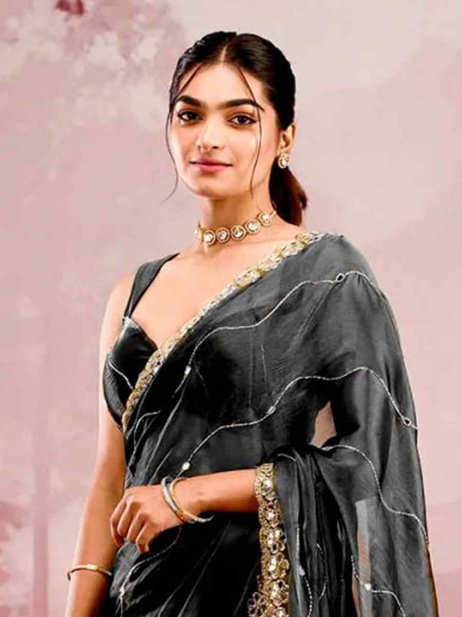 Black Soft Burberry Silk Embroidered Festival Wedding Fancy Heavy Border Saree