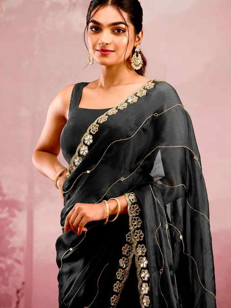 Black Soft Burberry Silk Embroidered Festival Wedding Fancy Heavy Border Saree