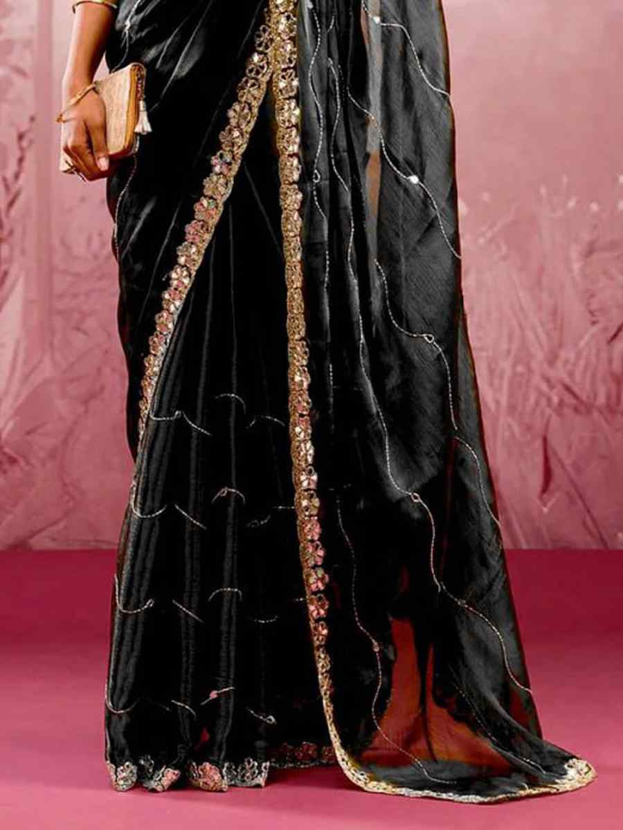 Black Soft Burberry Silk Embroidered Festival Wedding Fancy Heavy Border Saree