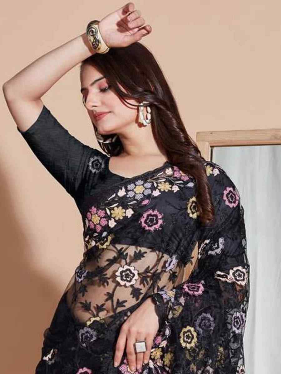 Black Soft Butterfly Net Embroidery Party Reception Heavy Border Saree