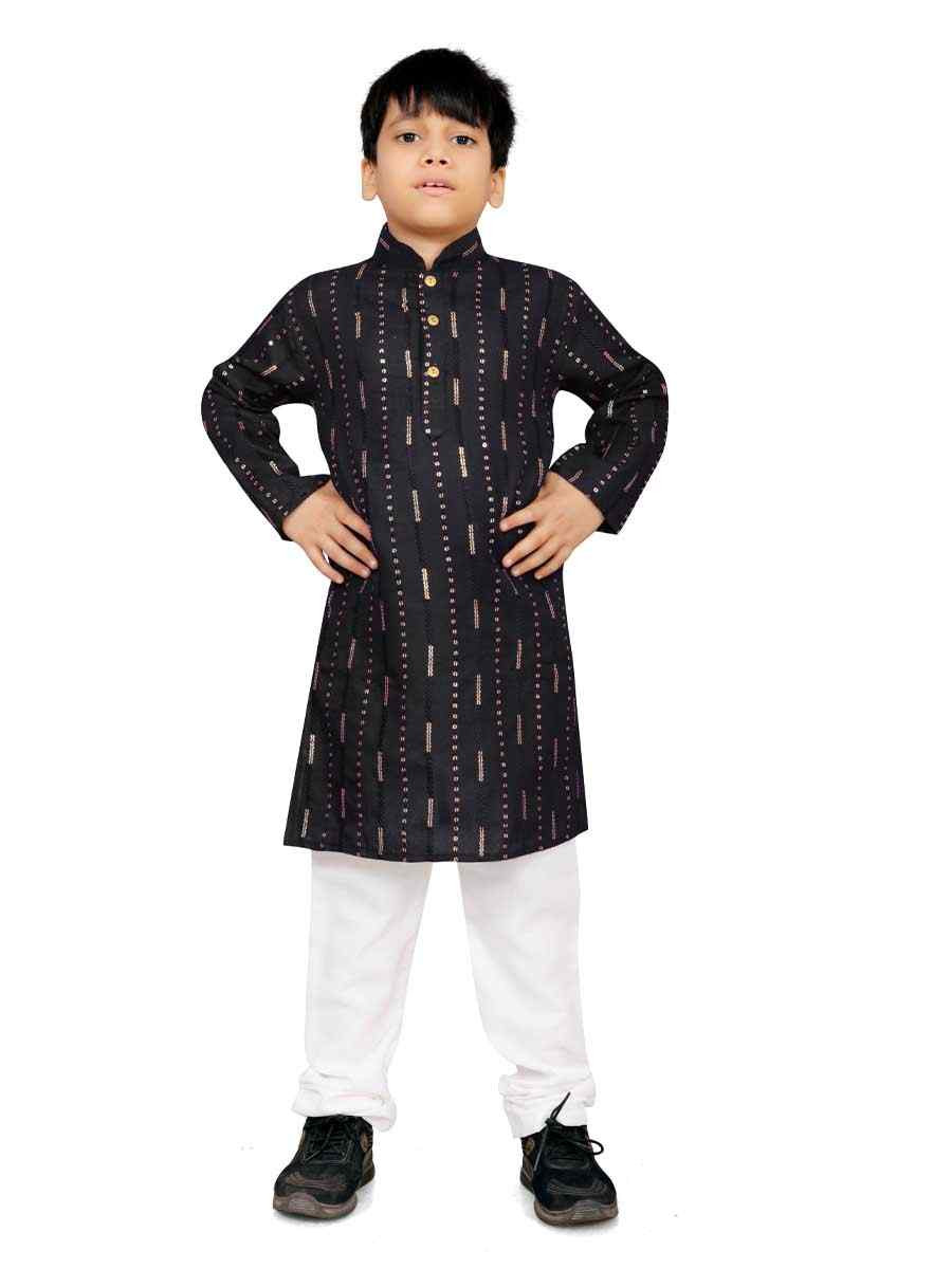 Black Soft Cotton Embroidered Wedding Casual Kurta Pyjama Boys Wear